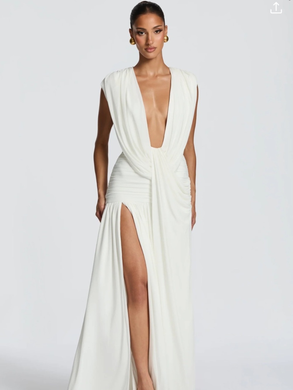 Plunging Neck White Maxi Dress with High Thigh Slit